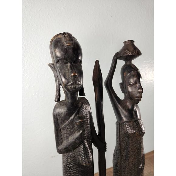 VINTAGE African Carved Ebony Statues 13" Warrior & Village Woman Tribal Folkart - Picture 6 of 10